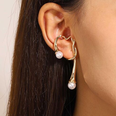 Punk Irregular Ear Cuff Earrings Gold Pearl Cuff Wrap Earrings Pearl Cartilage Cuff Earrings White Pearl Crawler Cuff Earrings Pearl Bead Earrings No Piercing Earrings Jewelry for Women in Kuwait