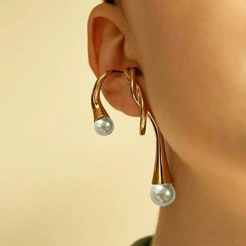 Punk Irregular Ear Cuff Earrings Gold Pearl Cuff Wrap Earrings Pearl Cartilage Cuff Earrings White Pearl Crawler Cuff Earrings Pearl Bead Earrings No Piercing Earrings Jewelry for Women in Kuwait