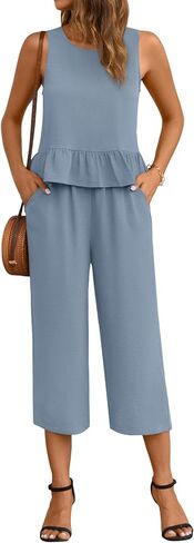 Anyhold Women's Summer 2 Piece Sets Casual Outfits Sleeveless Ruffle Crop Tops Wide Leg Tracksuits Loose Capri Pants with Pockets Large, Navy in Saudi Arabia