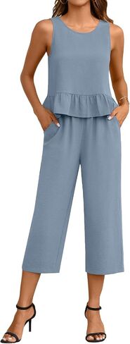 Anyhold Women's Summer 2 Piece Sets Casual Outfits Sleeveless Ruffle Crop Tops Wide Leg Tracksuits Loose Capri Pants with Pockets Large, Navy in Saudi Arabia