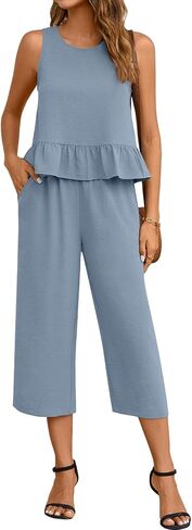 Anyhold Women's Summer 2 Piece Sets Casual Outfits Sleeveless Ruffle Crop Tops Wide Leg Tracksuits Loose Capri Pants with Pockets Large, Navy in Saudi Arabia
