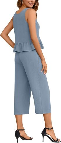 Anyhold Women's Summer 2 Piece Sets Casual Outfits Sleeveless Ruffle Crop Tops Wide Leg Tracksuits Loose Capri Pants with Pockets Large, Navy in Saudi Arabia