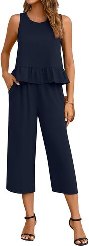 Anyhold Women's Summer 2 Piece Sets Casual Outfits Sleeveless Ruffle Crop Tops Wide Leg Tracksuits Loose Capri Pants with Pockets Large, Navy in Saudi Arabia