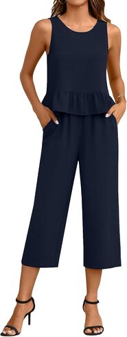 Anyhold Women's Summer 2 Piece Sets Casual Outfits Sleeveless Ruffle Crop Tops Wide Leg Tracksuits Loose Capri Pants with Pockets Large, Navy in Saudi Arabia