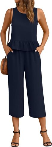 Anyhold Women's Summer 2 Piece Sets Casual Outfits Sleeveless Ruffle Crop Tops Wide Leg Tracksuits Loose Capri Pants with Pockets Large, Navy in Saudi Arabia
