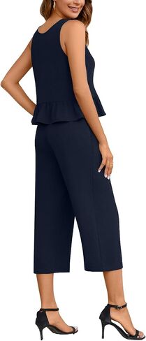 Anyhold Women's Summer 2 Piece Sets Casual Outfits Sleeveless Ruffle Crop Tops Wide Leg Tracksuits Loose Capri Pants with Pockets Large, Navy in Saudi Arabia