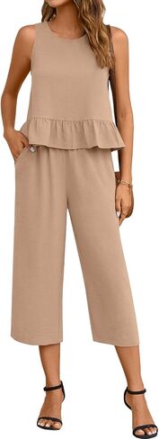 Anyhold Women's Summer 2 Piece Sets Casual Outfits Sleeveless Ruffle Crop Tops Wide Leg Tracksuits Loose Capri Pants with Pockets Large, Navy in Saudi Arabia