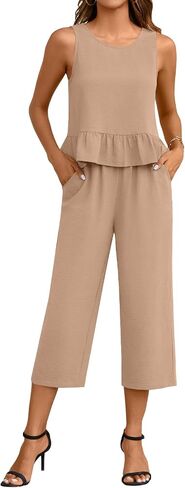 Anyhold Women's Summer 2 Piece Sets Casual Outfits Sleeveless Ruffle Crop Tops Wide Leg Tracksuits Loose Capri Pants with Pockets Large, Navy in Saudi Arabia