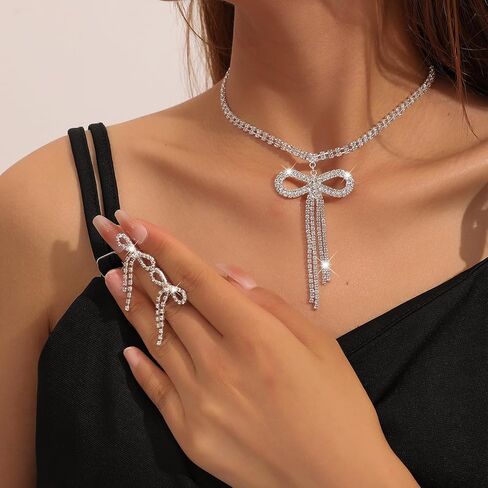 Dcfywl731 Bow Necklace Earrings Set for Women Trendy Silver Rhinestone Bow Pendant Necklace Crystal Bowknot Choker Necklace Sparkly Bow Earrings Bow Tie Earrings Dangle Christmas Jewelry Gifts in Kuwait