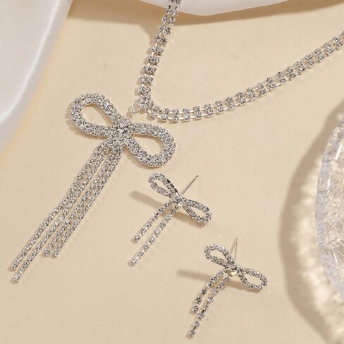 Dcfywl731 Bow Necklace Earrings Set for Women Trendy Silver Rhinestone Bow Pendant Necklace Crystal Bowknot Choker Necklace Sparkly Bow Earrings Bow Tie Earrings Dangle Christmas Jewelry Gifts in Kuwait