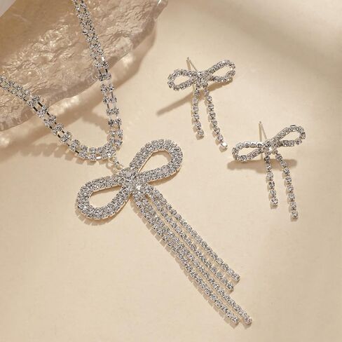 Dcfywl731 Bow Necklace Earrings Set for Women Trendy Silver Rhinestone Bow Pendant Necklace Crystal Bowknot Choker Necklace Sparkly Bow Earrings Bow Tie Earrings Dangle Christmas Jewelry Gifts in Kuwait