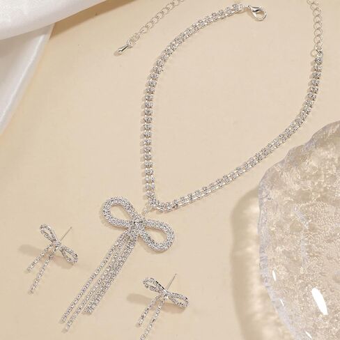 Dcfywl731 Bow Necklace Earrings Set for Women Trendy Silver Rhinestone Bow Pendant Necklace Crystal Bowknot Choker Necklace Sparkly Bow Earrings Bow Tie Earrings Dangle Christmas Jewelry Gifts in Kuwait