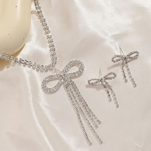 Dcfywl731 Bow Necklace Earrings Set for Women Trendy Silver Rhinestone Bow Pendant Necklace Crystal Bowknot Choker Necklace Sparkly Bow Earrings Bow Tie Earrings Dangle Christmas Jewelry Gifts in Kuwait