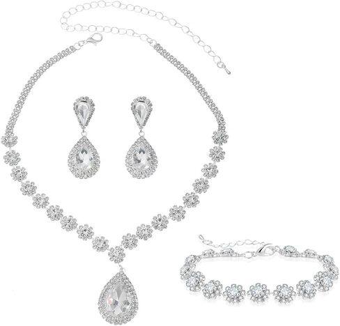 Wedding Jewelry Sets for Brides Bridesmaid Rhinestone Crystal Statement Choker Necklace Earrings Bracelet Set Bridal Wedding Prom Jewelry Accessories for Women in Kuwait
