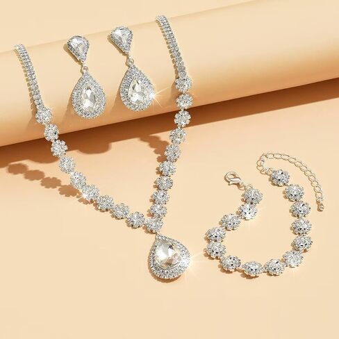 Wedding Jewelry Sets for Brides Bridesmaid Rhinestone Crystal Statement Choker Necklace Earrings Bracelet Set Bridal Wedding Prom Jewelry Accessories for Women in Kuwait