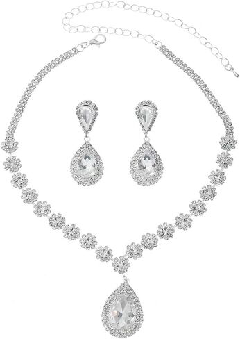 Wedding Jewelry Sets for Brides Bridesmaid Rhinestone Crystal Statement Choker Necklace Earrings Bracelet Set Bridal Wedding Prom Jewelry Accessories for Women in Kuwait