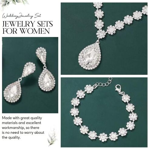 Wedding Jewelry Sets for Brides Bridesmaid Rhinestone Crystal Statement Choker Necklace Earrings Bracelet Set Bridal Wedding Prom Jewelry Accessories for Women in Kuwait