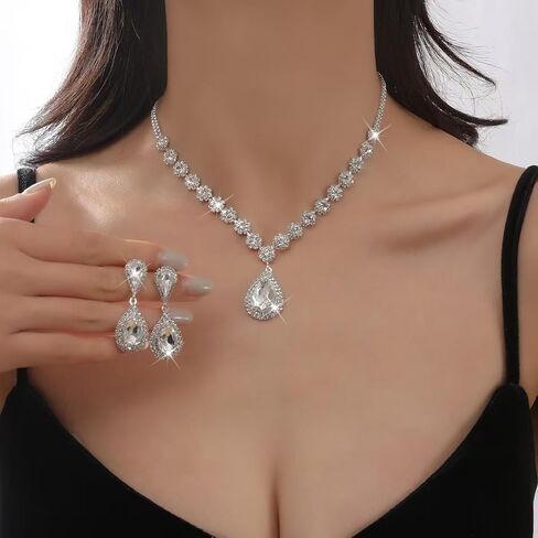 Wedding Jewelry Sets for Brides Bridesmaid Rhinestone Crystal Statement Choker Necklace Earrings Bracelet Set Bridal Wedding Prom Jewelry Accessories for Women in Kuwait
