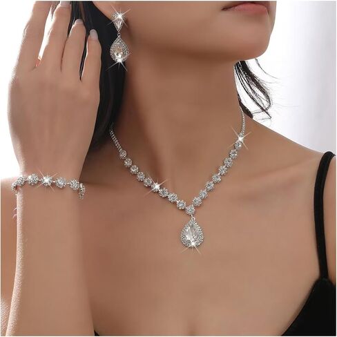 Wedding Jewelry Sets for Brides Bridesmaid Rhinestone Crystal Statement Choker Necklace Earrings Bracelet Set Bridal Wedding Prom Jewelry Accessories for Women in Kuwait