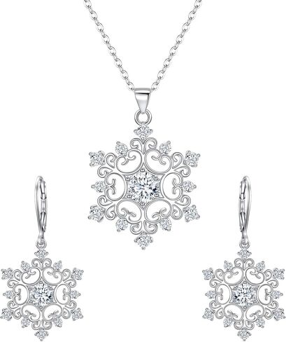 EleQueen Women's Winter Snowflake Jewelry Set Cubic Zirconia Snowflake Flower Pendant Necklace Leverback Dangle Earrings in Saudi Arabia