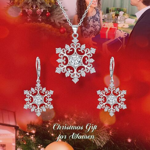 EleQueen Women's Winter Snowflake Jewelry Set Cubic Zirconia Snowflake Flower Pendant Necklace Leverback Dangle Earrings in Saudi Arabia