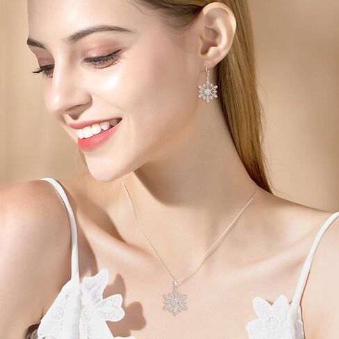 EleQueen Women's Winter Snowflake Jewelry Set Cubic Zirconia Snowflake Flower Pendant Necklace Leverback Dangle Earrings in Saudi Arabia