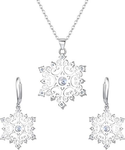 EleQueen Women's Winter Snowflake Jewelry Set Cubic Zirconia Snowflake Flower Pendant Necklace Leverback Dangle Earrings in Saudi Arabia