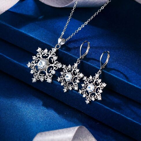 EleQueen Women's Winter Snowflake Jewelry Set Cubic Zirconia Snowflake Flower Pendant Necklace Leverback Dangle Earrings in Saudi Arabia