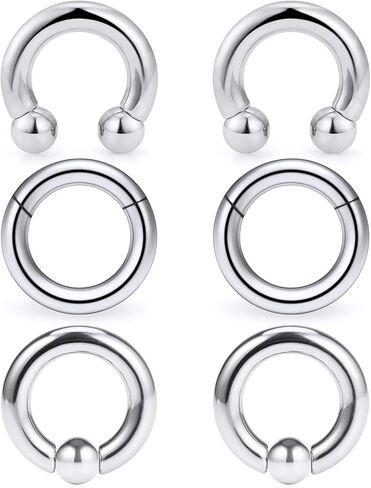 Ocptiy 6G 8G Large Septum Rings Silver PA Ring Surgical Steel Heavy Hinged Clicker Gauges Earrings Stretching kit Horseshoe Captive Bead Piercing Ring Thick Hoops Earrings for Women Men 12mm 16mm in Saudi Arabia