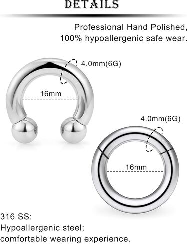 Ocptiy 6G 8G Large Septum Rings Silver PA Ring Surgical Steel Heavy Hinged Clicker Gauges Earrings Stretching kit Horseshoe Captive Bead Piercing Ring Thick Hoops Earrings for Women Men 12mm 16mm in Saudi Arabia