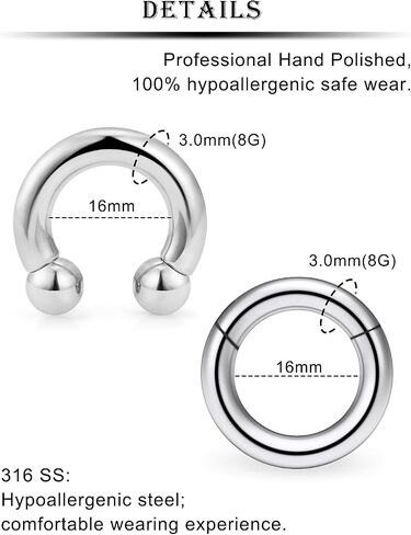 Ocptiy 6G 8G Large Septum Rings Silver PA Ring Surgical Steel Heavy Hinged Clicker Gauges Earrings Stretching kit Horseshoe Captive Bead Piercing Ring Thick Hoops Earrings for Women Men 12mm 16mm in Saudi Arabia