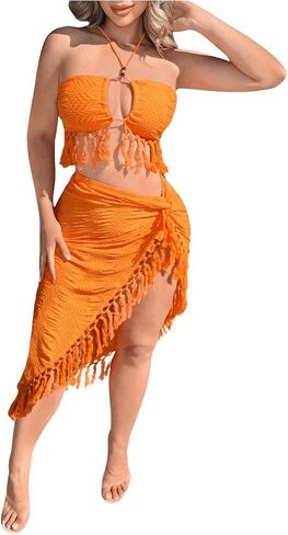 SHENHE Women's 2 Piece Fringe Outfits Halter Backless Crop Top and High Slit Skirt Set in Saudi Arabia