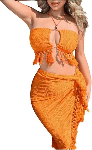 SHENHE Women's 2 Piece Fringe Outfits Halter Backless Crop Top and High Slit Skirt Set in Saudi Arabia