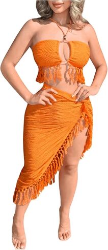 SHENHE Women's 2 Piece Fringe Outfits Halter Backless Crop Top and High Slit Skirt Set in Saudi Arabia