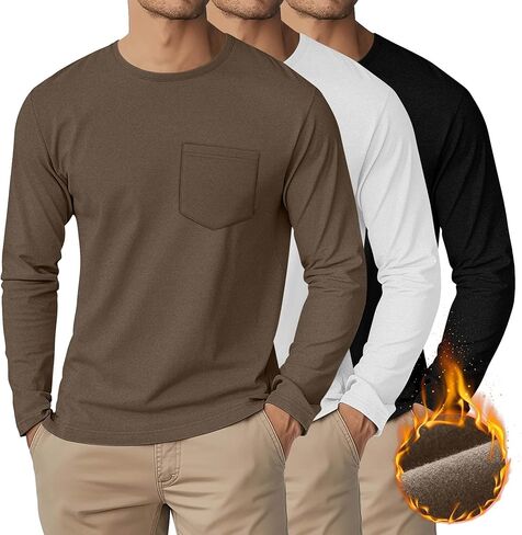Riyiper 3 Pack Men's Long Sleeve Thermal T-Shirts with Pocket DE Velvet Crew Neck Casual Top Fall Winter Basic Tee in Kuwait
