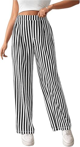 OYOANGLE Women's Striped High Elastic Waisted Pants Straight Leg Loose Fit Casual Long Pants Trousers in Kuwait