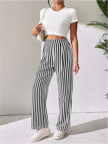 OYOANGLE Women's Striped High Elastic Waisted Pants Straight Leg Loose Fit Casual Long Pants Trousers in Kuwait