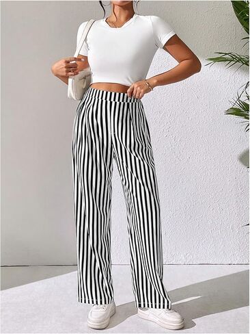 OYOANGLE Women's Striped High Elastic Waisted Pants Straight Leg Loose Fit Casual Long Pants Trousers in Kuwait