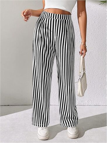OYOANGLE Women's Striped High Elastic Waisted Pants Straight Leg Loose Fit Casual Long Pants Trousers in Kuwait