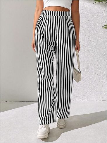 OYOANGLE Women's Striped High Elastic Waisted Pants Straight Leg Loose Fit Casual Long Pants Trousers in Kuwait