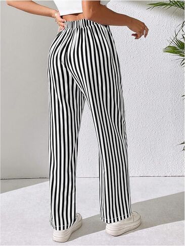 OYOANGLE Women's Striped High Elastic Waisted Pants Straight Leg Loose Fit Casual Long Pants Trousers in Kuwait