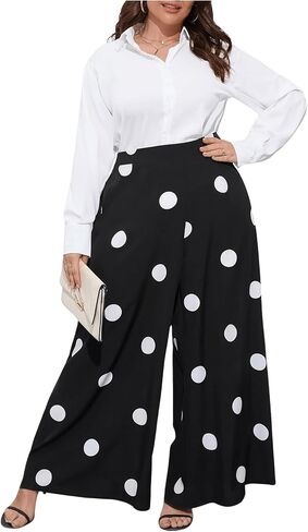 OYOANGLE Women's Plus Size Polka Dots Casual Wide Leg Palazzo Pants High Waist Long Pants Trousers in Saudi Arabia