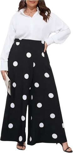 OYOANGLE Women's Plus Size Polka Dots Casual Wide Leg Palazzo Pants High Waist Long Pants Trousers in Saudi Arabia