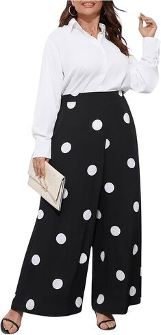 OYOANGLE Women's Plus Size Polka Dots Casual Wide Leg Palazzo Pants High Waist Long Pants Trousers in Saudi Arabia