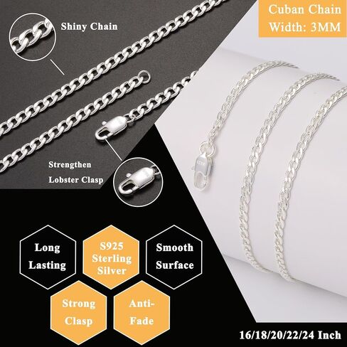 S925 Sterling Silver Plated 3mm/5mm Thick Cuban Chain for Men Sturdy Mens Silver Gold Chain Non-Fading Cuban Chain Necklace Jewelry for Men 16/18/20/22/24 Inch in Saudi Arabia