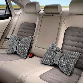 Lawei 2PCS Bling Car Pillows, Rhinestone Car Headrest Neck Pillow for Driving, Comfortable Cushion Head Rest Neck Support Pillow for Travel, White Crystal Diamond Bow Interior Pillow for Women Girly
