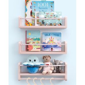 Floating Shelves, Set of 3 Natural Wood Wall Mount Storage Organizer with Towel Bar Hanging Shelves Wall Decor for Living Room, Bathroom, Bedroom and Kitchen, Pink