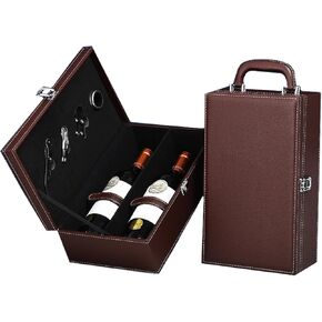 TANG SONG Leather Double Bottle Wine Gift Box with 4 Wine Accessories Wine Bottle Storage whit Locking Latch (Black)