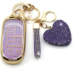 Key Fob Cover with Diamond Keychain, Car Key Shell for Women, Compatible with Jeep Grand Cherokee Renegade Dodge RAM Durango Challenger Chrysler Protector (5 Buttons-Silver Heart)