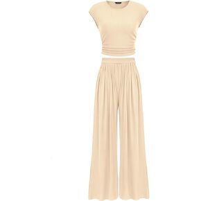 PRETTYGARDEN Women's Summer 2 Piece Outfits 2024 Cap Sleeve Ruched Slim T Shirt Ribbed Knit Wide Leg Pant Sets Tracksuit